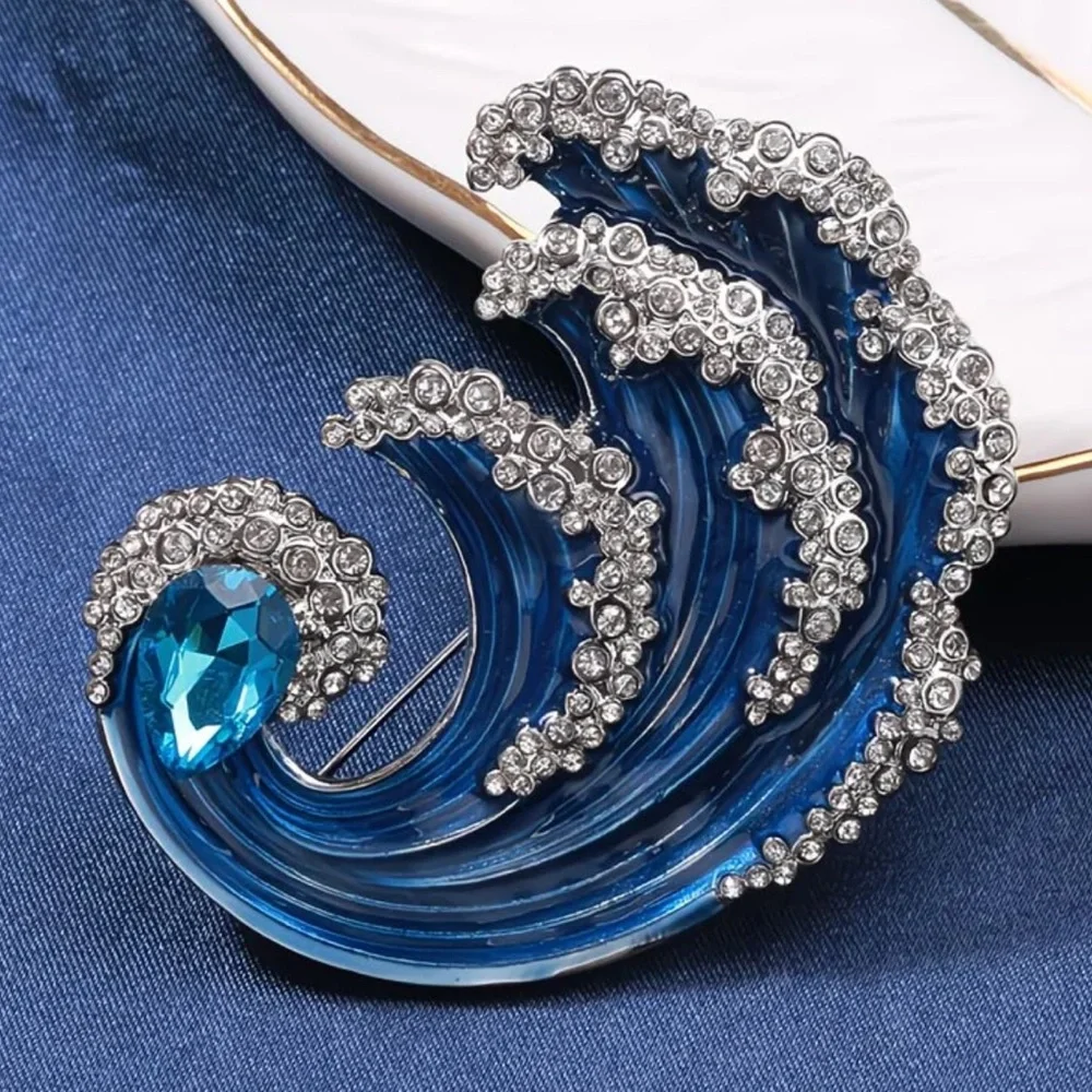Ocean Wave Crystal Brooch Blue Rhinestone Statement Pin Coastal Jewelry